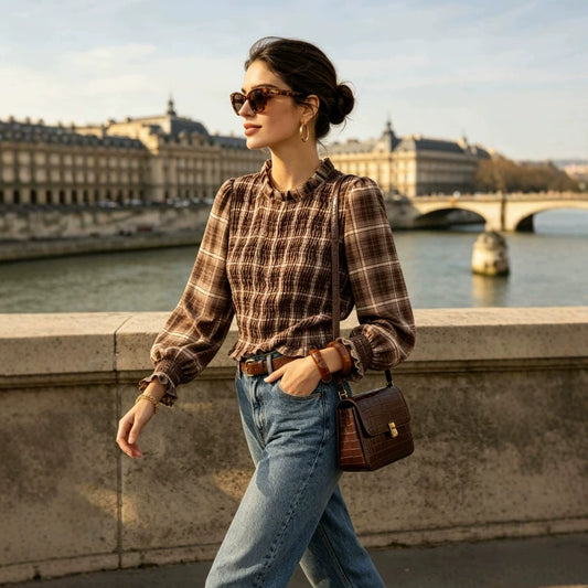 Plaid wood-ear ruffle shirt