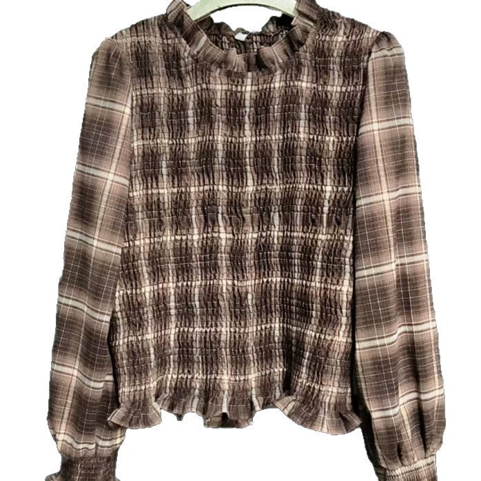 Plaid wood-ear ruffle shirt