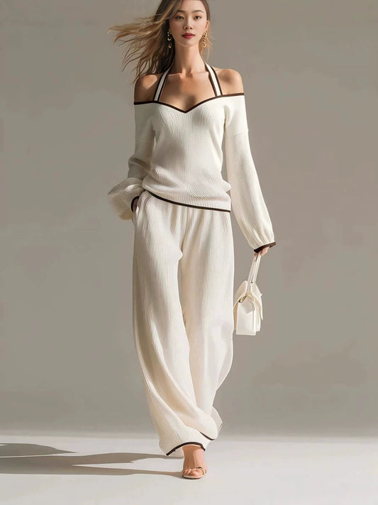 New Backless Long-Sleeved Color-Blocked Two-Piece Set