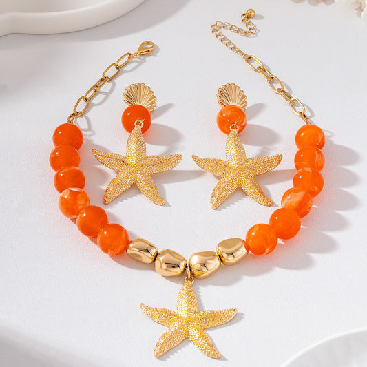 Women's Fashion Starfish and Seashell-Accented Earring and Necklace Set