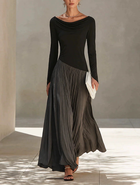 New Autumn Stylish Color-Block Cowl-Neck Maxi Dress