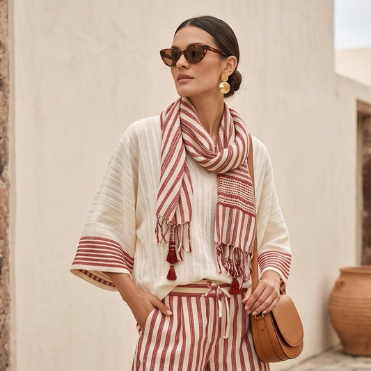 May include: A cream-colored top with wide sleeves and red horizontal stripes at the cuffs, paired with matching red and cream striped trousers featuring a drawstring waist. A red and cream striped scarf with tassels and a brown leather crossbody bag.