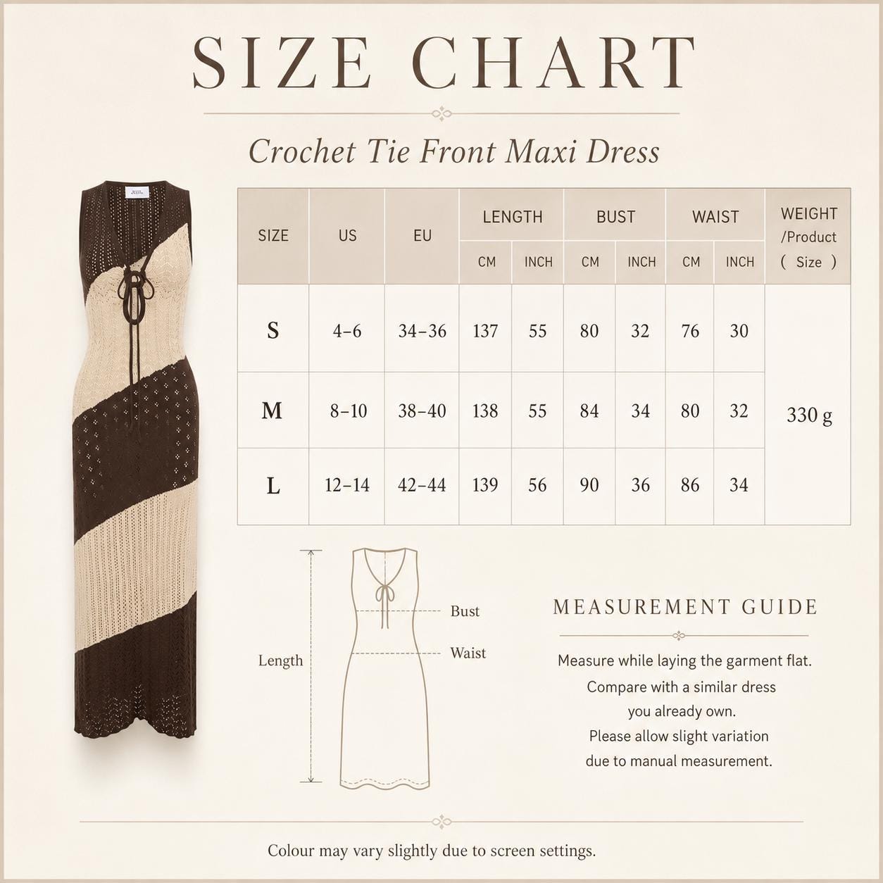 May include: A size chart for a sleeveless crochet tie-front maxi dress featuring diagonal color-blocked panels in dark brown and beige. The chart includes columns for US and EU sizes, length, bust, and waist measurements in cm and inches.