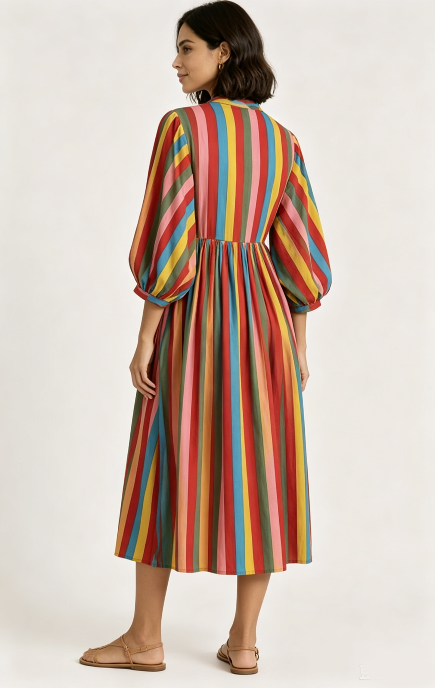 Colorful Stripe Puff Sleeve Cotton Midi Dress