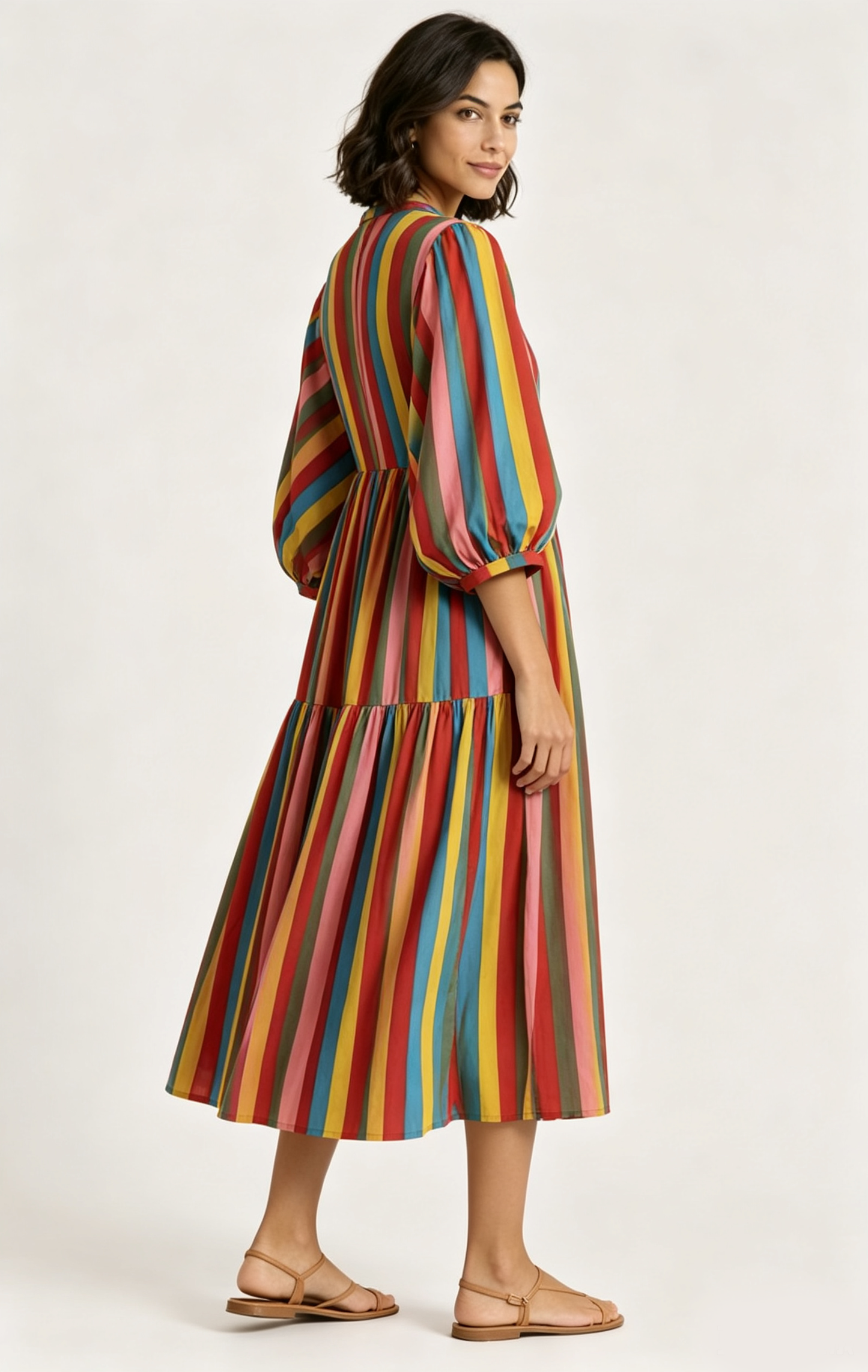 Colorful Stripe Puff Sleeve Cotton Midi Dress