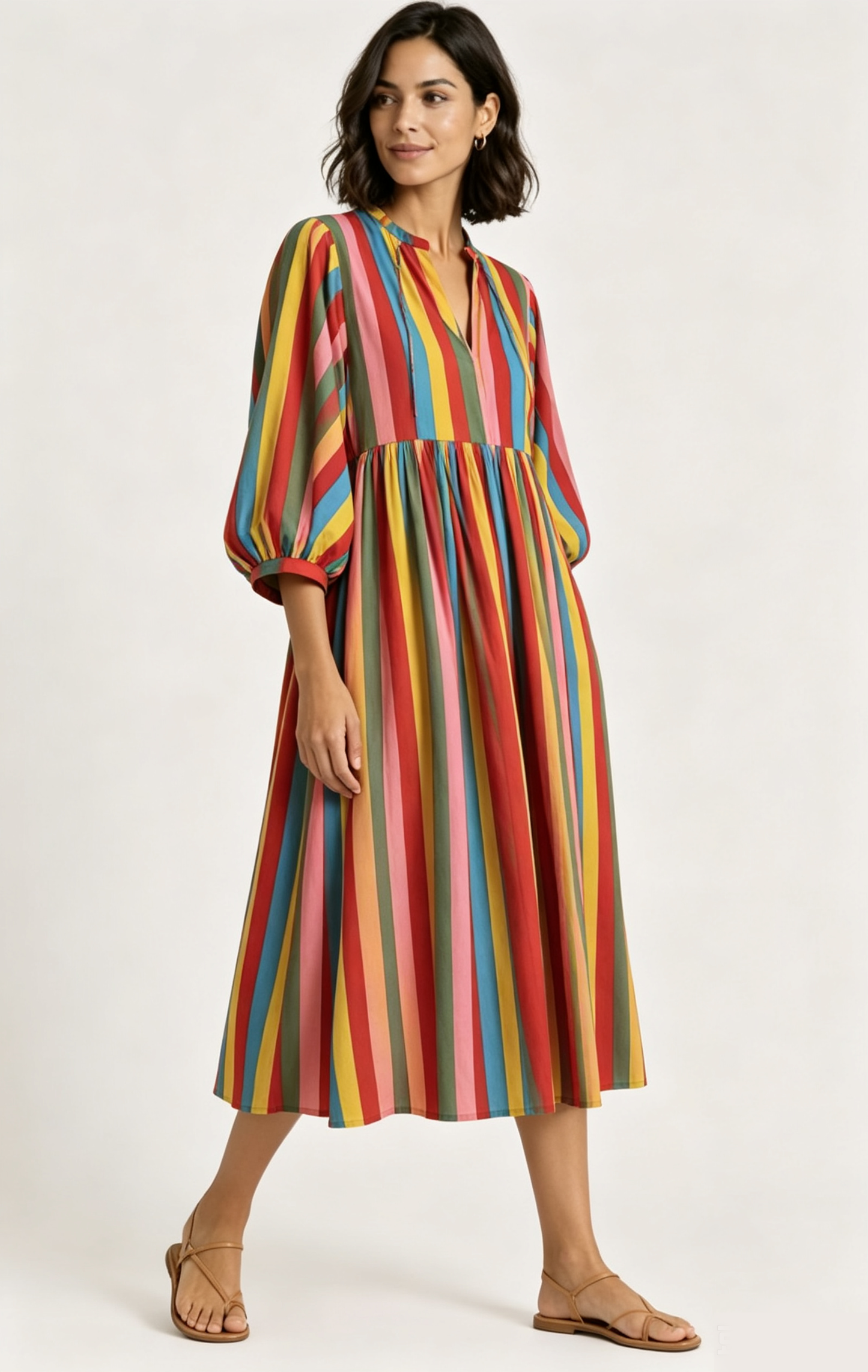 Colorful Stripe Puff Sleeve Cotton Midi Dress