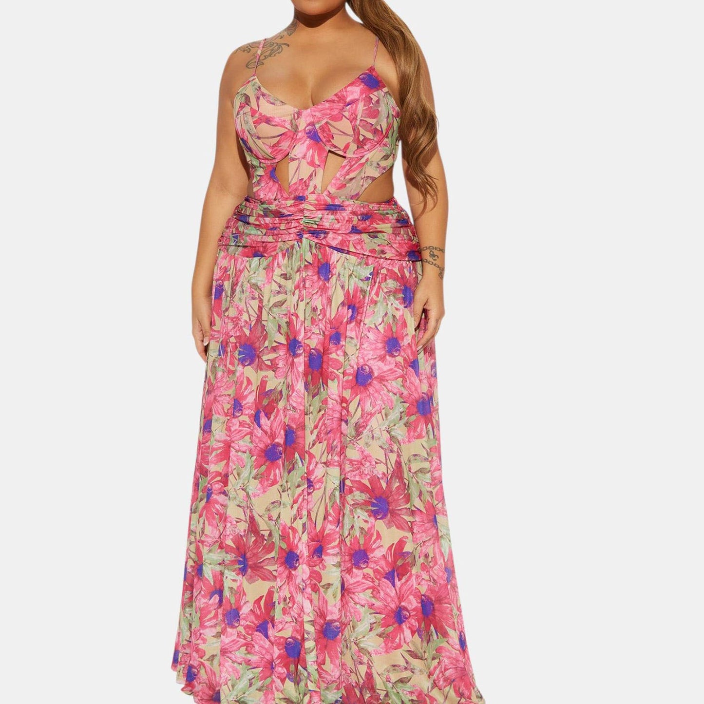 Sweetheart Neckline Cutout Waist Floral Maxi Dress