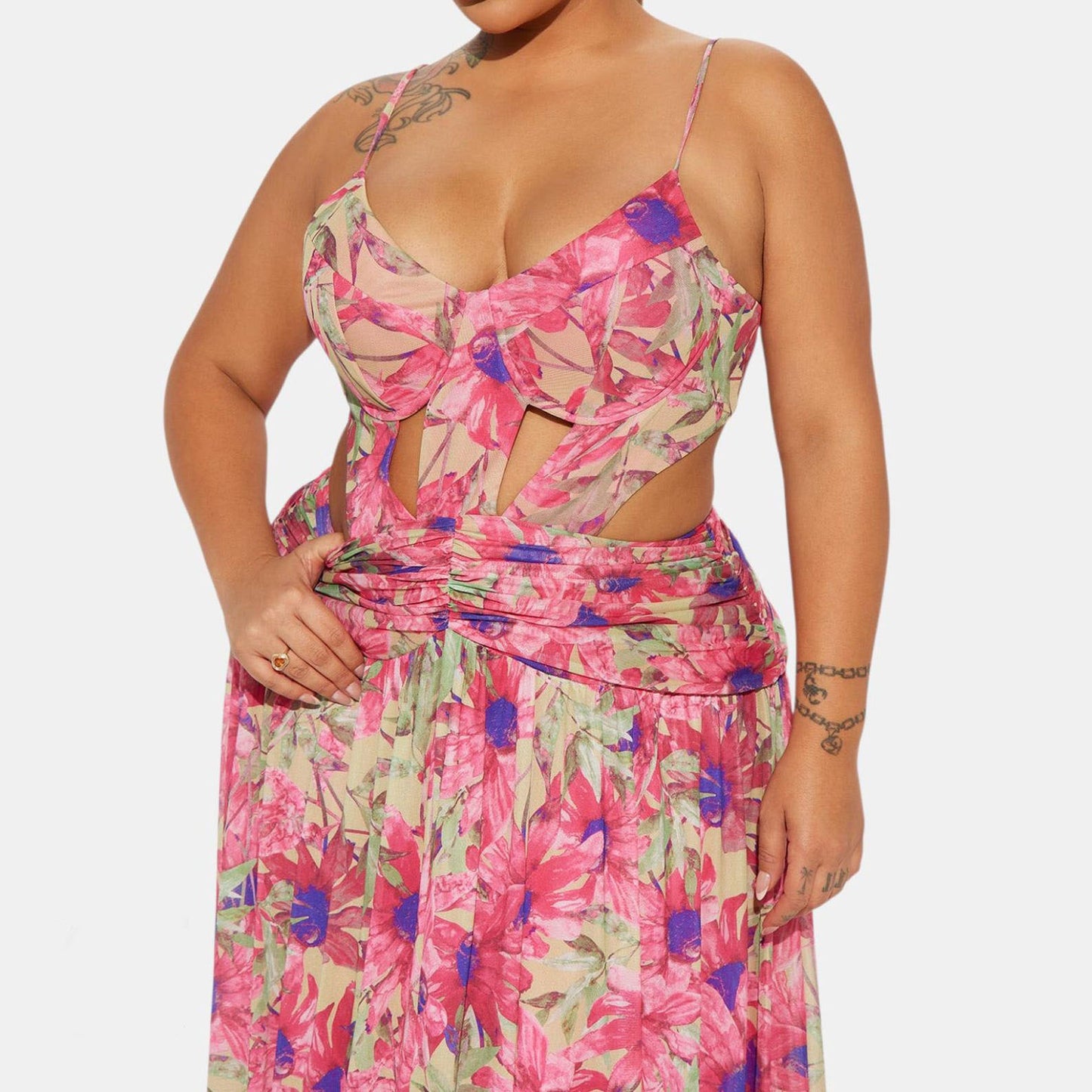 Sweetheart Neckline Cutout Waist Floral Maxi Dress