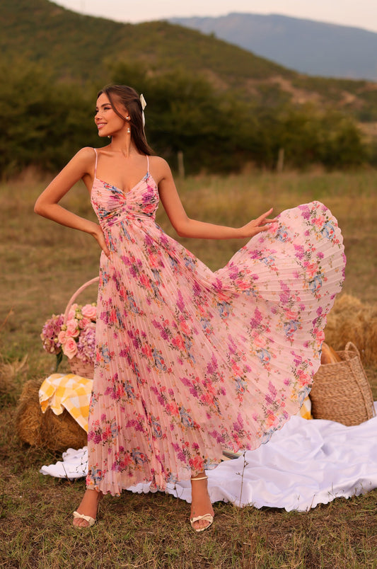 Women's Spaghetti Strap Floral Pleated Long Dress
