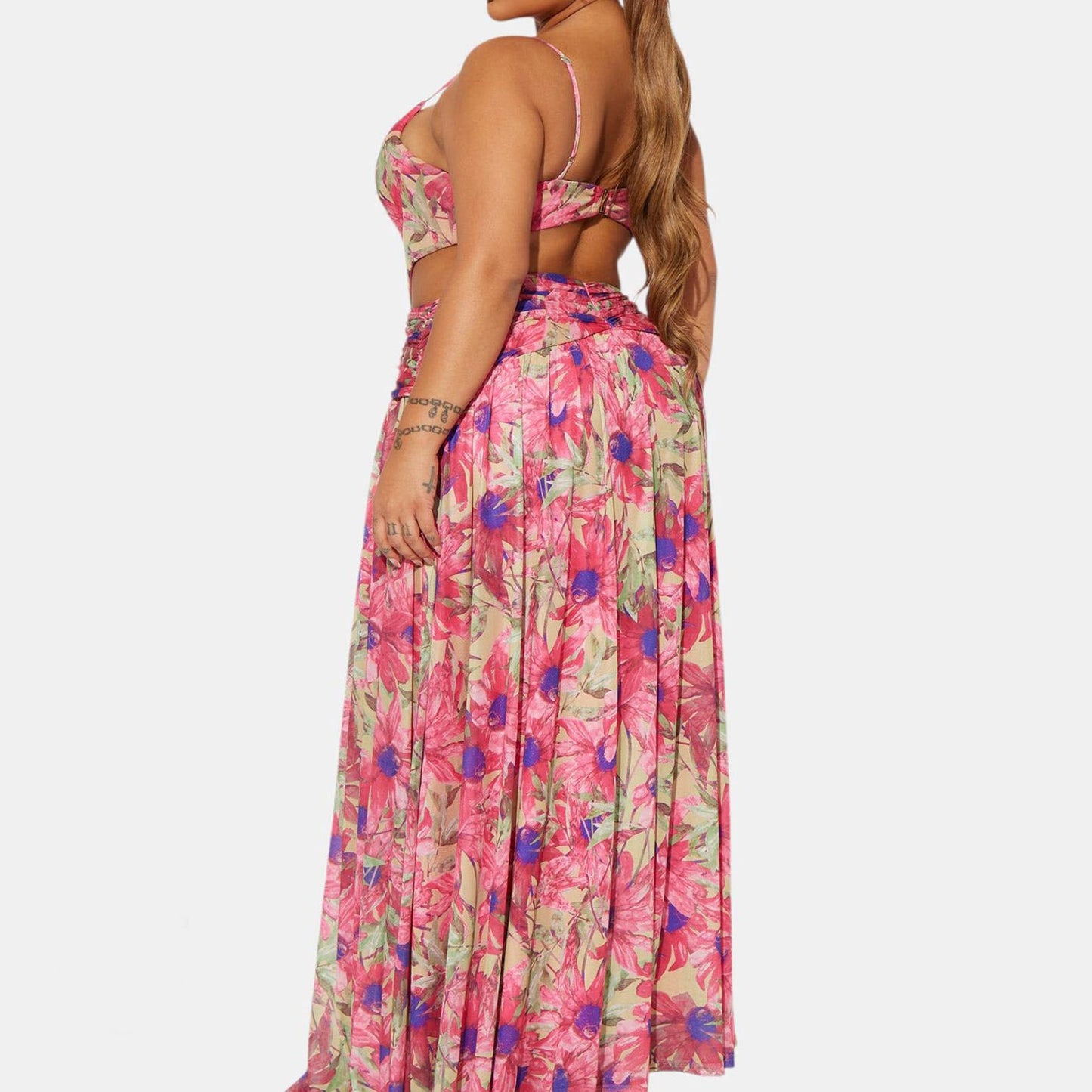 Sweetheart Neckline Cutout Waist Floral Maxi Dress