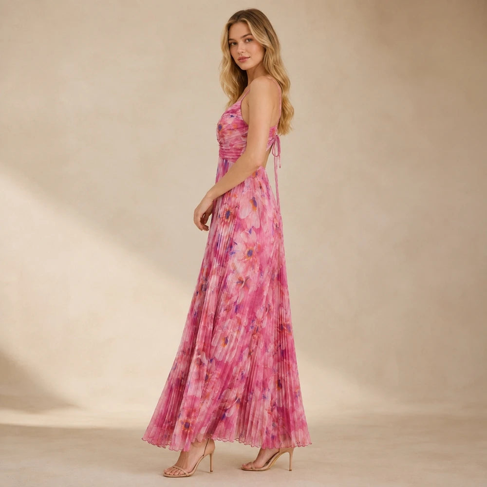 HY-2608H 女士细吊带碎花百褶长款连衣裙 珊瑚红