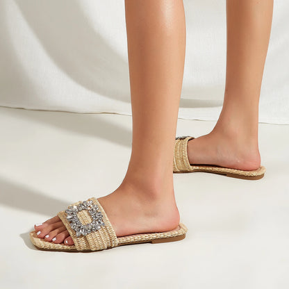 New Square-head Straw Knitted Flat Heel Casual Slippers