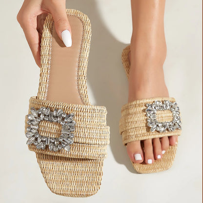 New Square-head Straw Knitted Flat Heel Casual Slippers