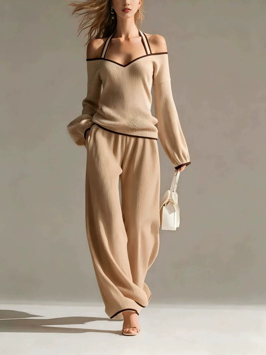 New Backless Long-Sleeved Color-Blocked Two-Piece Set