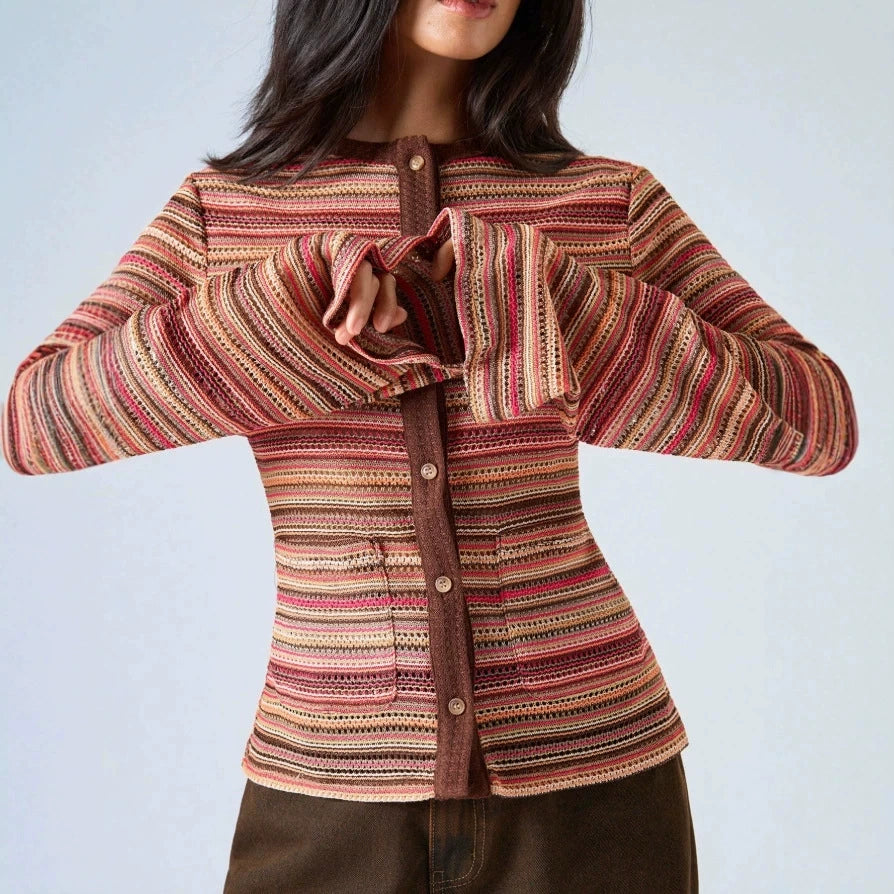 New Autumn Stylish Slim-Fit Striped Cardigan with Flared Sleeves