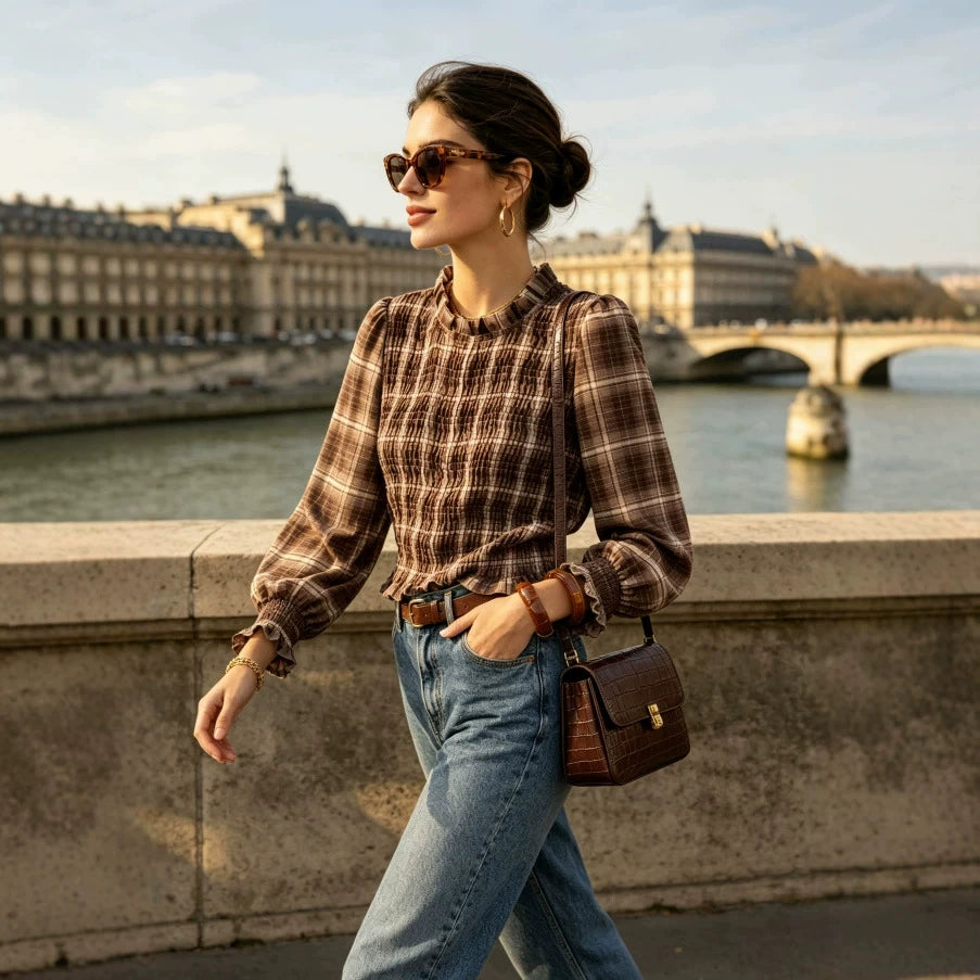 Plaid wood-ear ruffle shirt