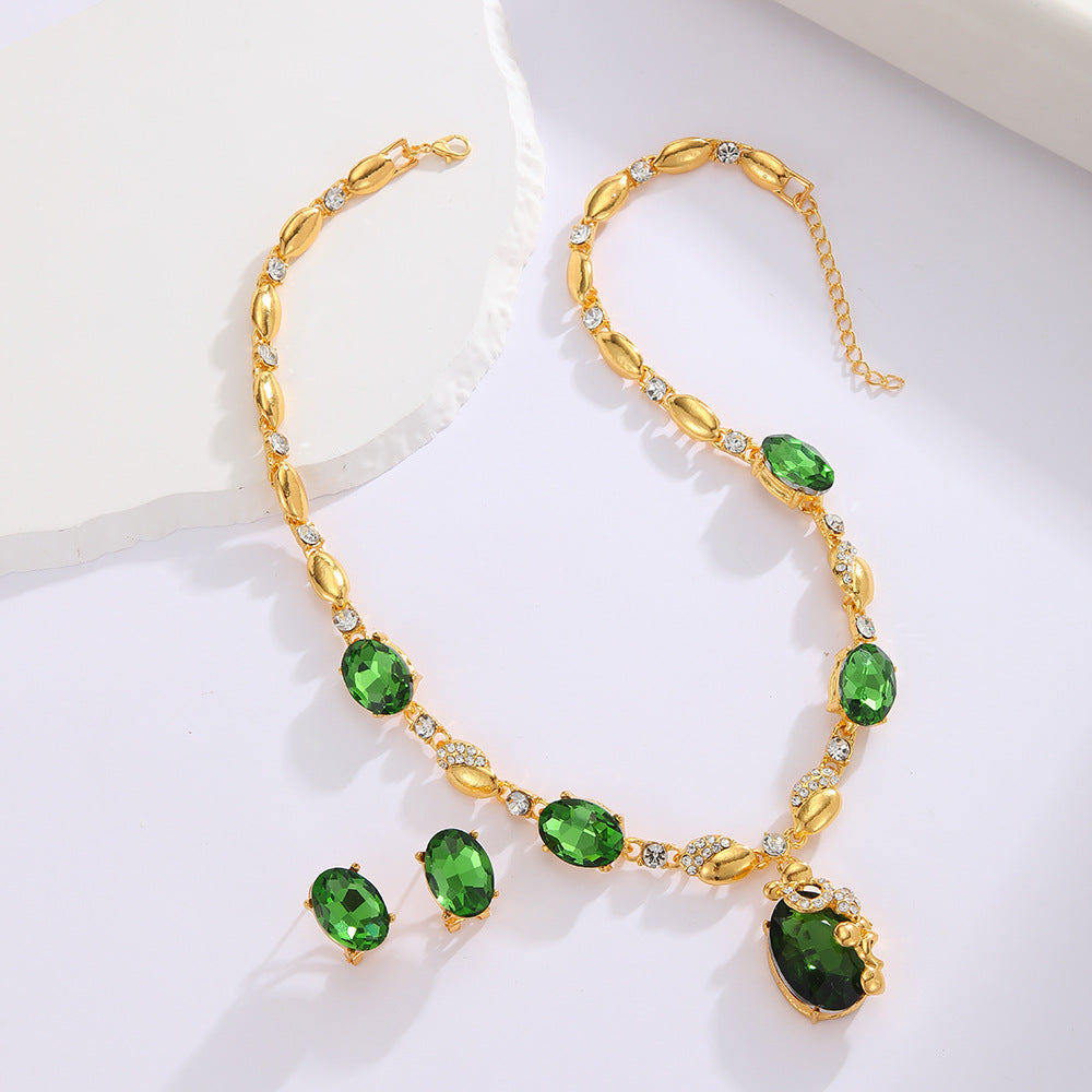 Stylish Oval Rhinestone Necklace and Earring Jewelry Set