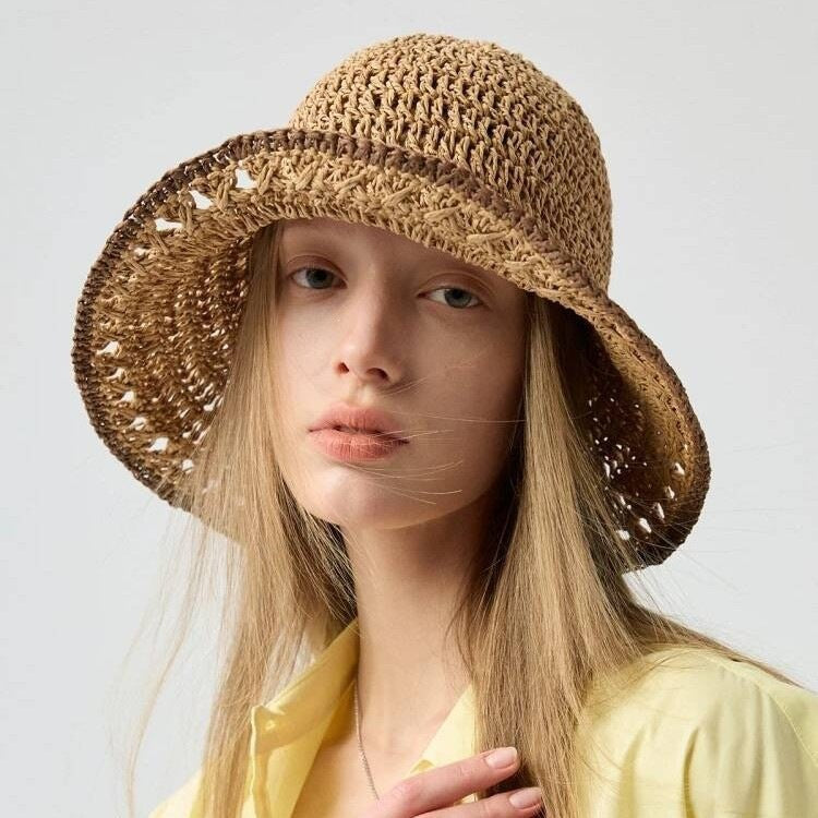 New Women's Wide-Brimmed Open-Weave Straw Bucket Hat
