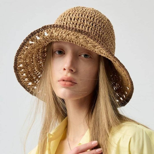 New Women's Wide-Brimmed Open-Weave Straw Bucket Hat
