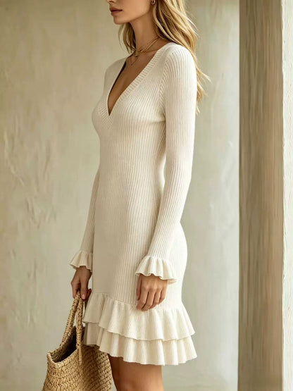 V-Neck Slim-Fit Long-Sleeved Ruffled Short Dress