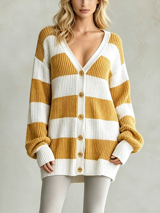 European and American cross-border foreign trade women's clothing, new autumn and winter style, casual striped knit cardigan with long sleeves and buttons