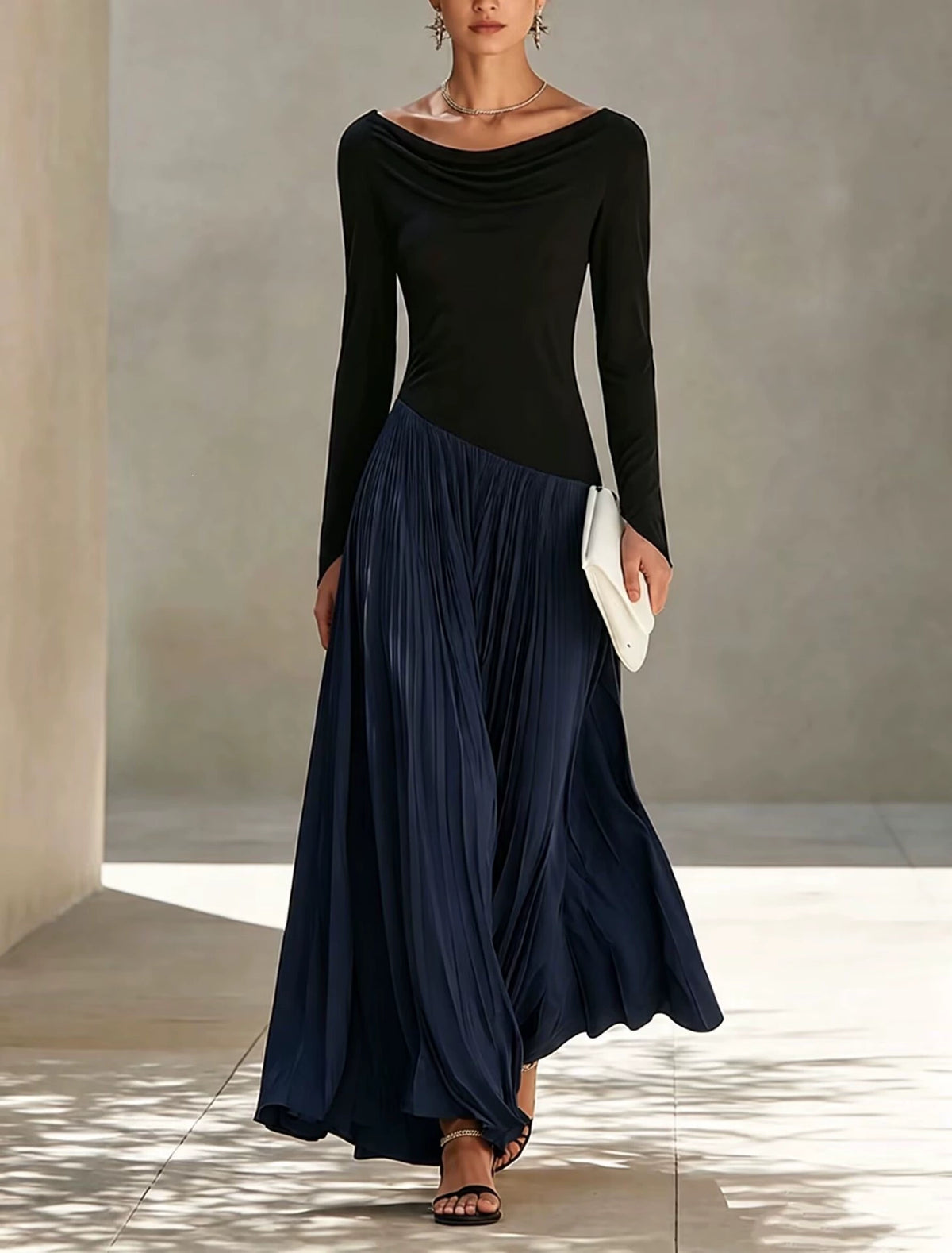 New Autumn Stylish Color-Block Cowl-Neck Maxi Dress