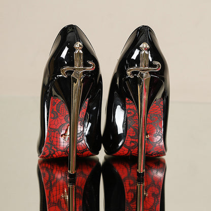 Metal Scepter Print Red Pointed Toe Women's Shoes