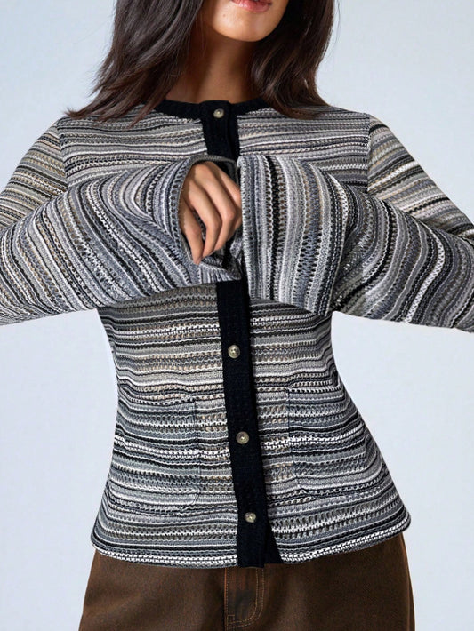 New Autumn Stylish Slim-Fit Striped Cardigan with Flared Sleeves