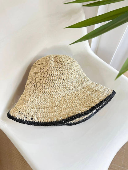 New Women's Wide-Brimmed Open-Weave Straw Bucket Hat