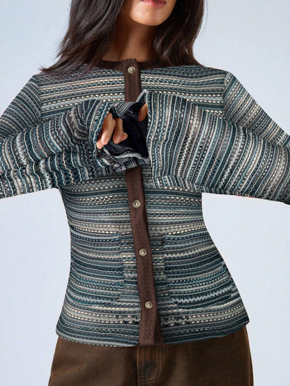 New Autumn Stylish Slim-Fit Striped Cardigan with Flared Sleeves