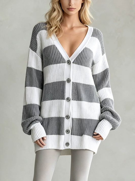 European and American cross-border foreign trade women's clothing, new autumn and winter style, casual striped knit cardigan with long sleeves and buttons