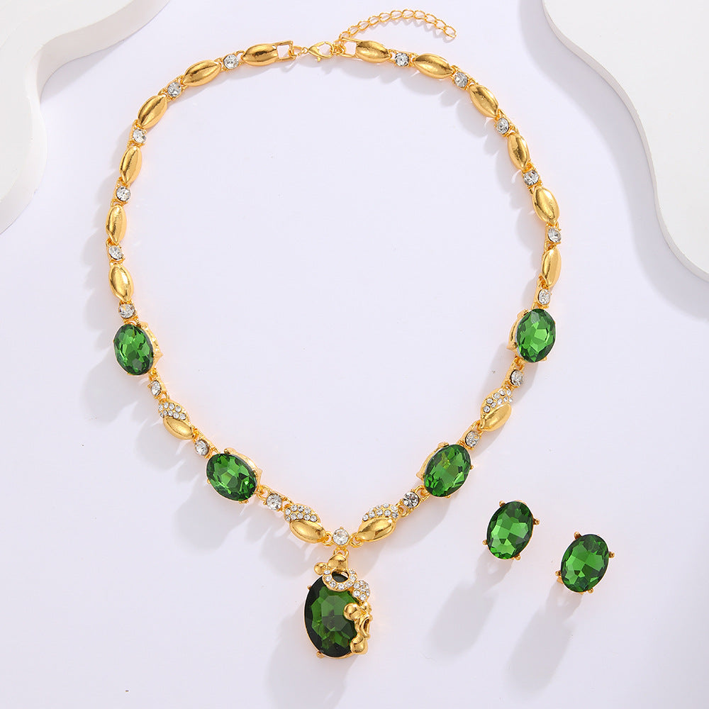 Stylish Oval Rhinestone Necklace and Earring Jewelry Set