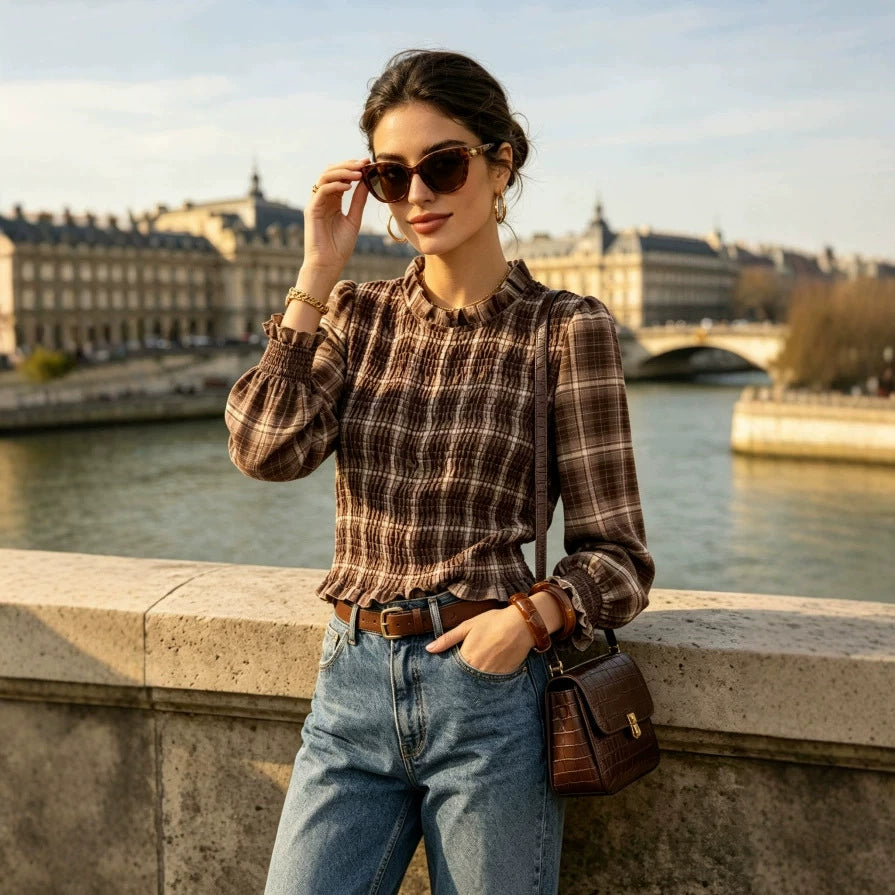 Plaid wood-ear ruffle shirt