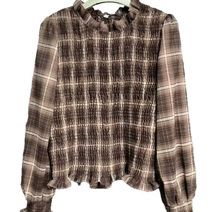 Plaid wood-ear ruffle shirt