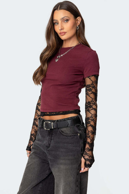 New Women's Patchwork Lace Sleeve Faux Two-Piece Top