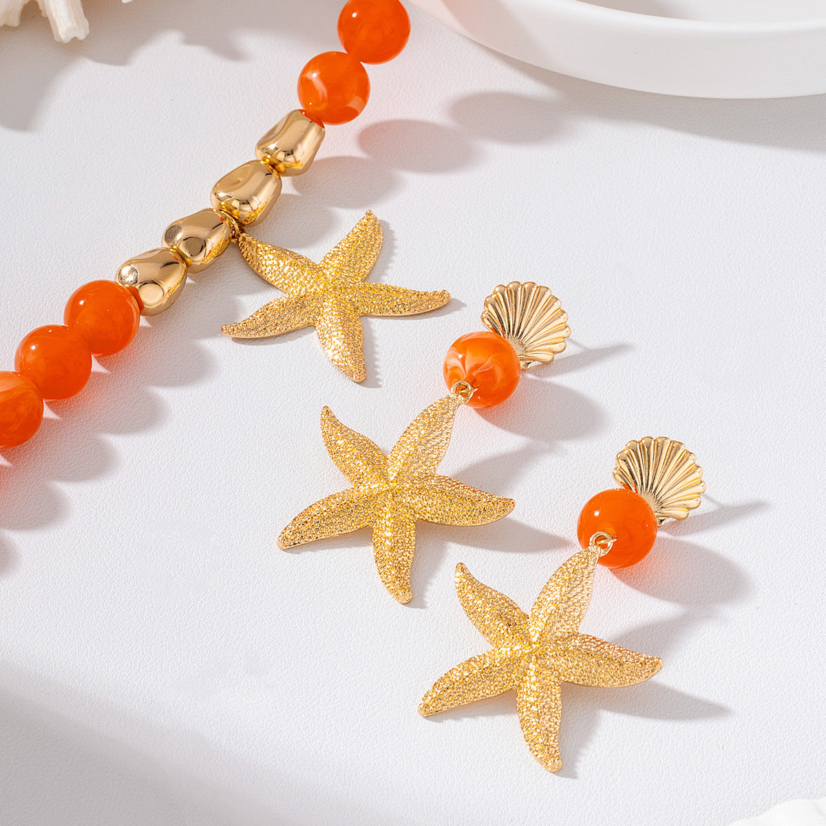 Women's Fashion Starfish and Seashell-Accented Earring and Necklace Set