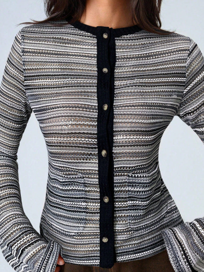 New Autumn Stylish Slim-Fit Striped Cardigan with Flared Sleeves