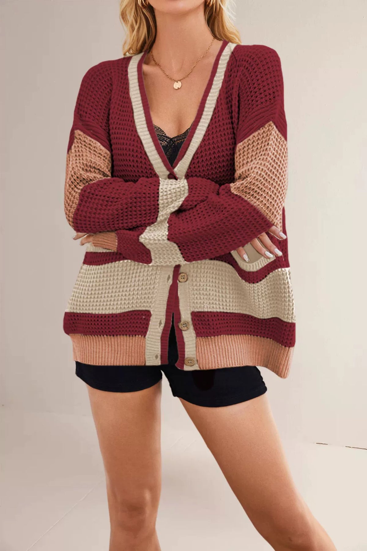 New Hot-Selling V-Neck Color-Blocked Knit Cardigan