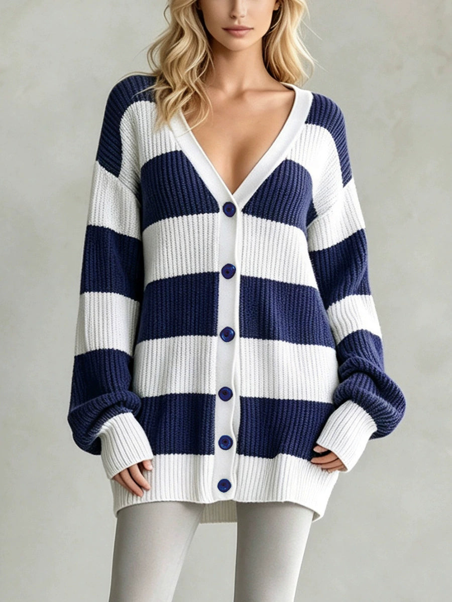 European and American cross-border foreign trade women's clothing, new autumn and winter style, casual striped knit cardigan with long sleeves and buttons