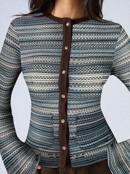 New Autumn Stylish Slim-Fit Striped Cardigan with Flared Sleeves