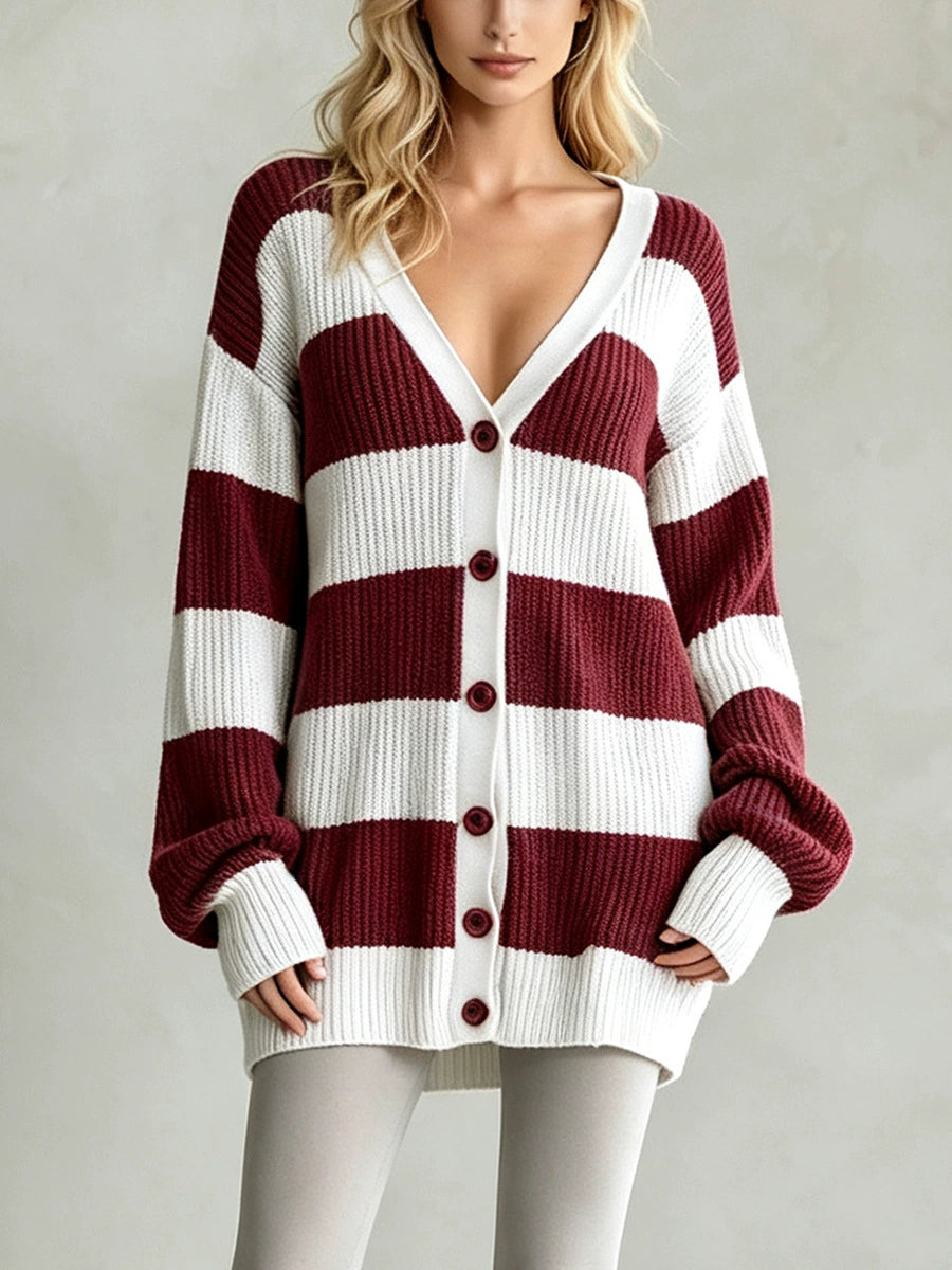 European and American cross-border foreign trade women's clothing, new autumn and winter style, casual striped knit cardigan with long sleeves and buttons