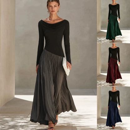 New Autumn Stylish Color-Block Cowl-Neck Maxi Dress