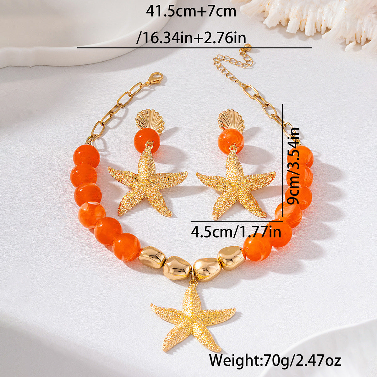 Women's Fashion Starfish and Seashell-Accented Earring and Necklace Set