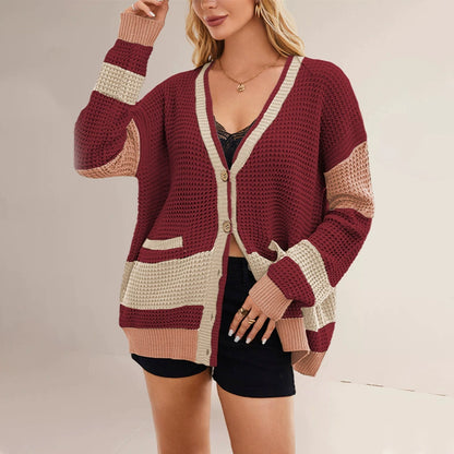 New Hot-Selling V-Neck Color-Blocked Knit Cardigan
