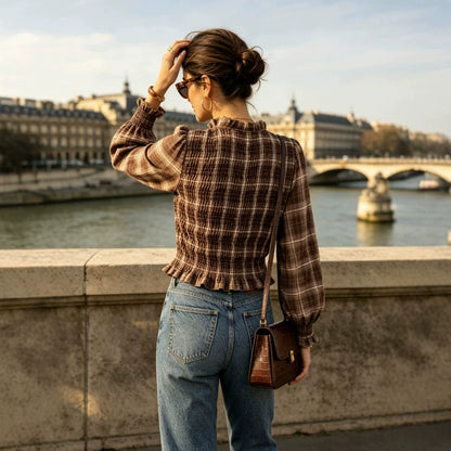 Plaid wood-ear ruffle shirt
