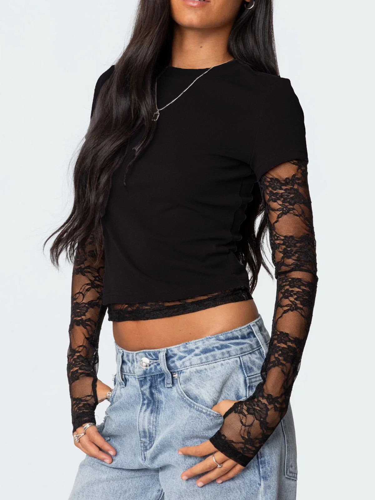 New Women's Patchwork Lace Sleeve Faux Two-Piece Top