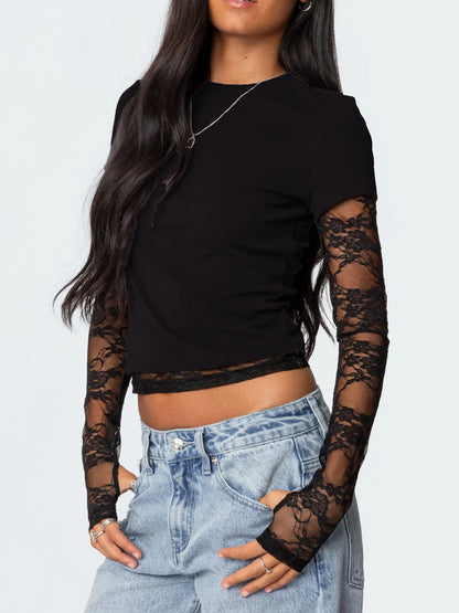 New Women's Patchwork Lace Sleeve Faux Two-Piece Top