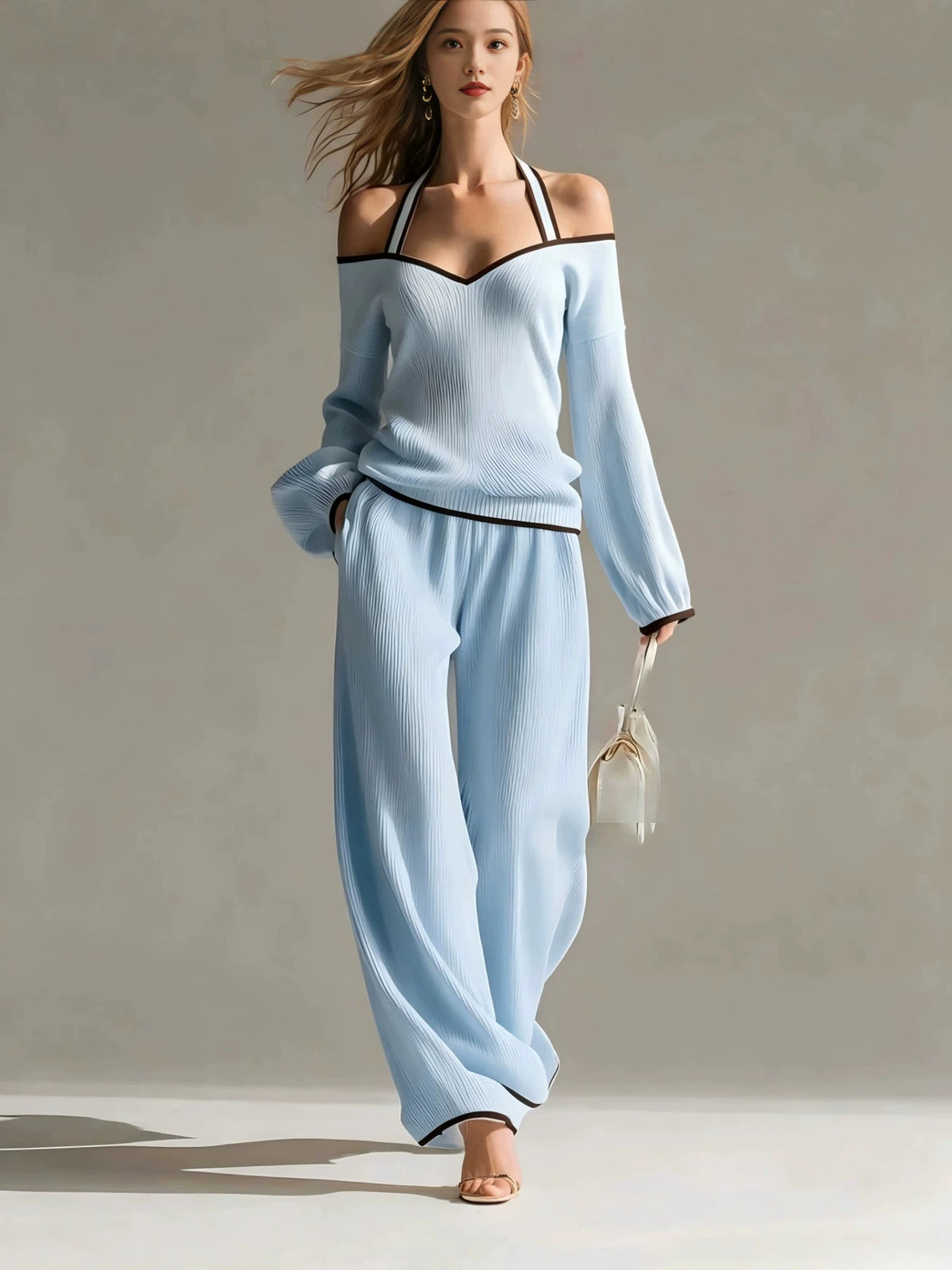 New Backless Long-Sleeved Color-Blocked Two-Piece Set