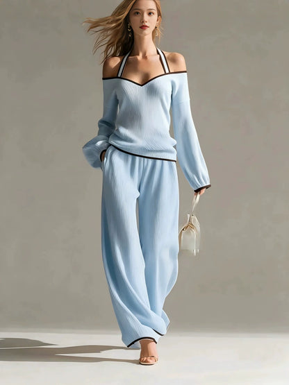 New Backless Long-Sleeved Color-Blocked Two-Piece Set
