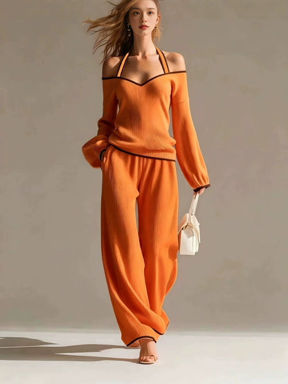 New Backless Long-Sleeved Color-Blocked Two-Piece Set